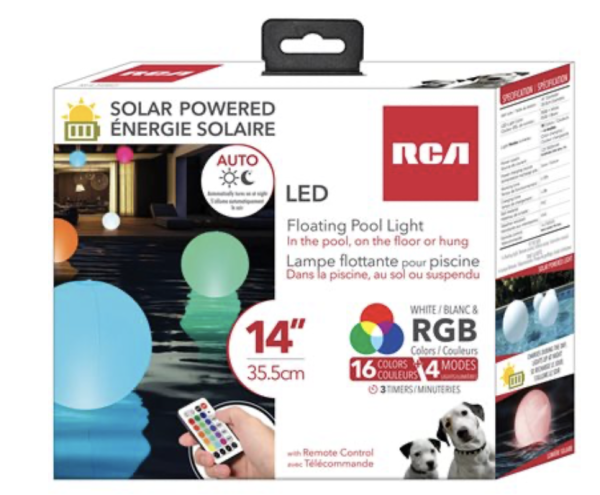 RCA Solar Powered RGBW LED Floating Pool Light ~ 14″